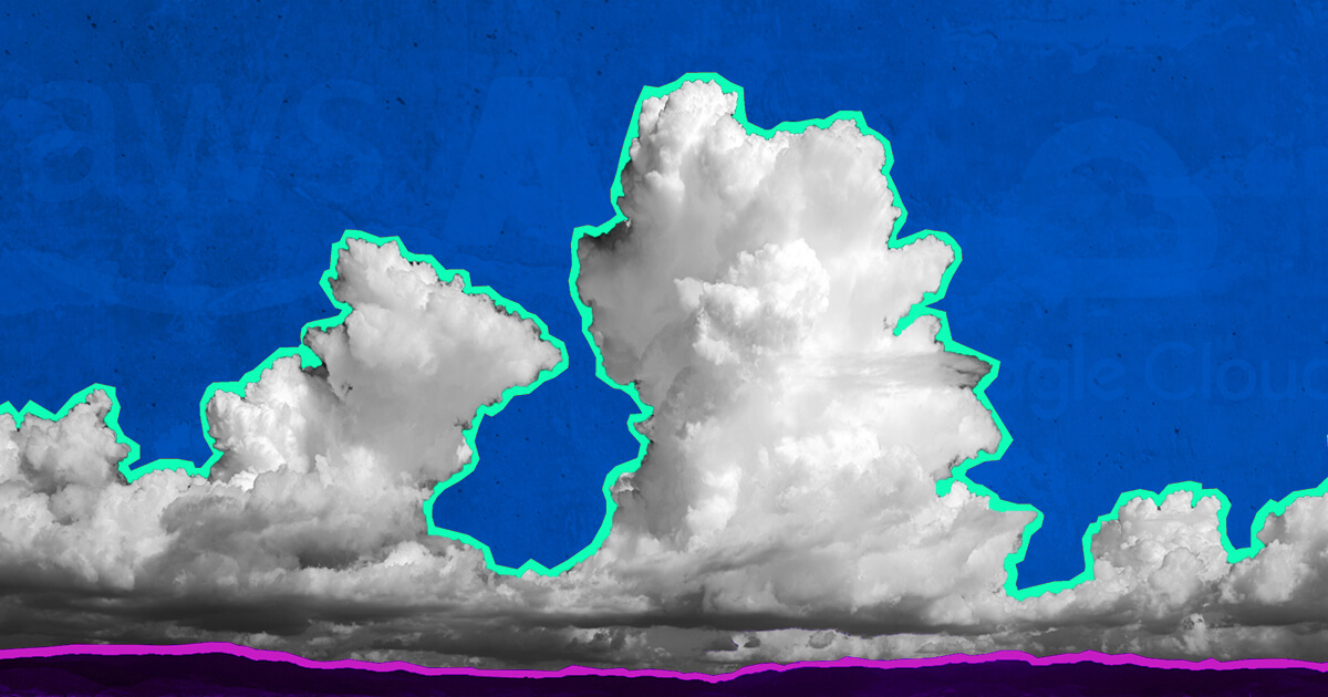 A graphic collage of a thunderstorm cloud over a dark blue sky with neon green elements.