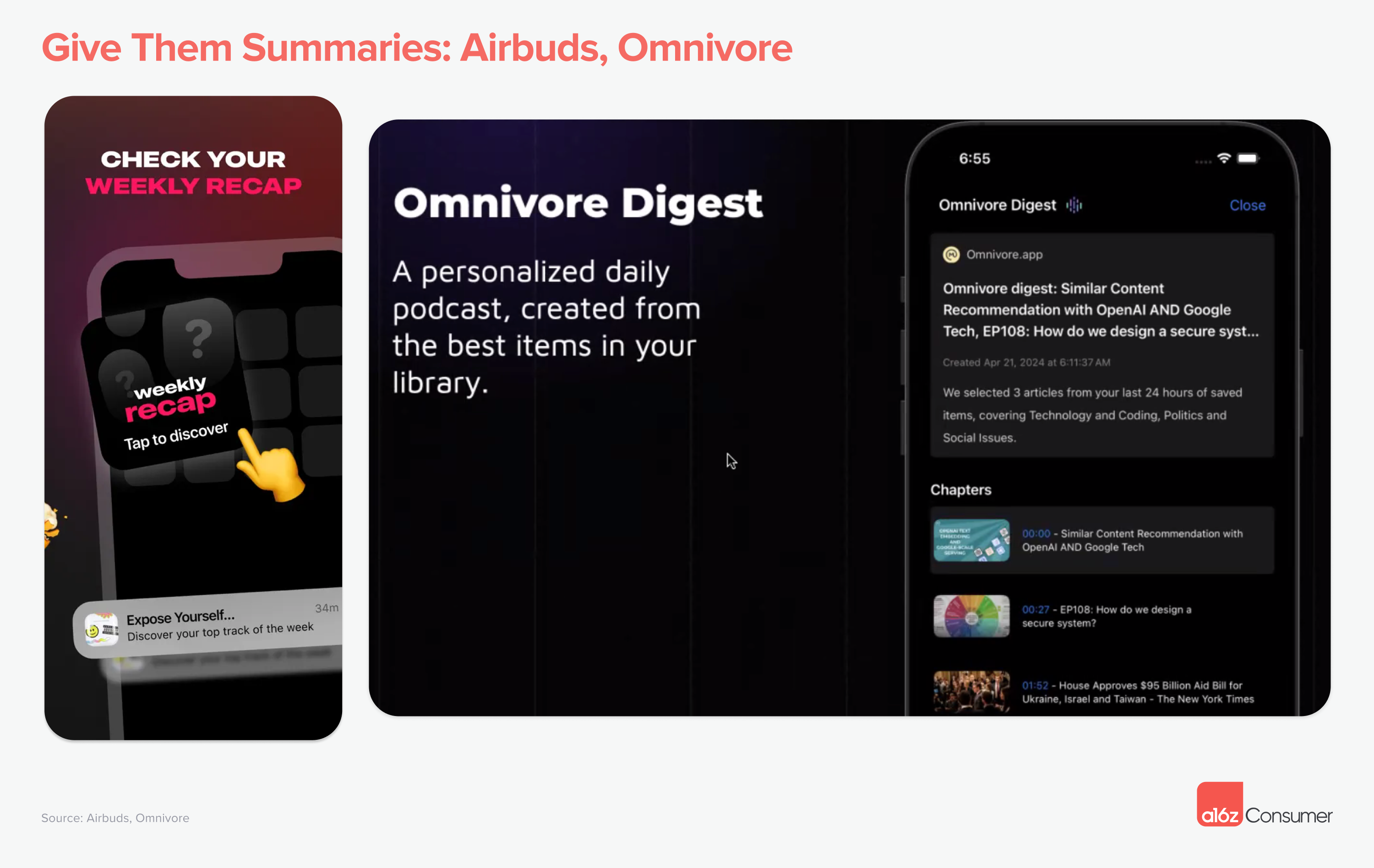 A graphic showing summaries provided by Airbuds and Omnivore to improve user retention. 